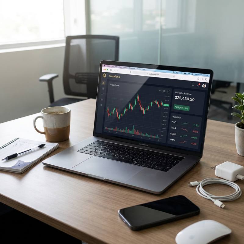 The Gruviona dashboard open on a laptop on an office desk, showing a candlestick price chart, a portfolio balance, an AI buy signal and a share watchlist