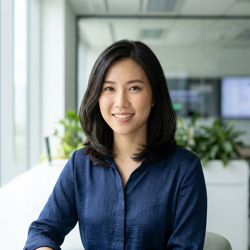 A smiling Gruviona client adviser in a navy blouse, seated in a bright, modern office