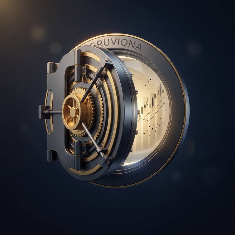 A heavy circular vault door engraved with the Gruviona name and trimmed in gold, swung open to reveal a glowing rising price chart inside