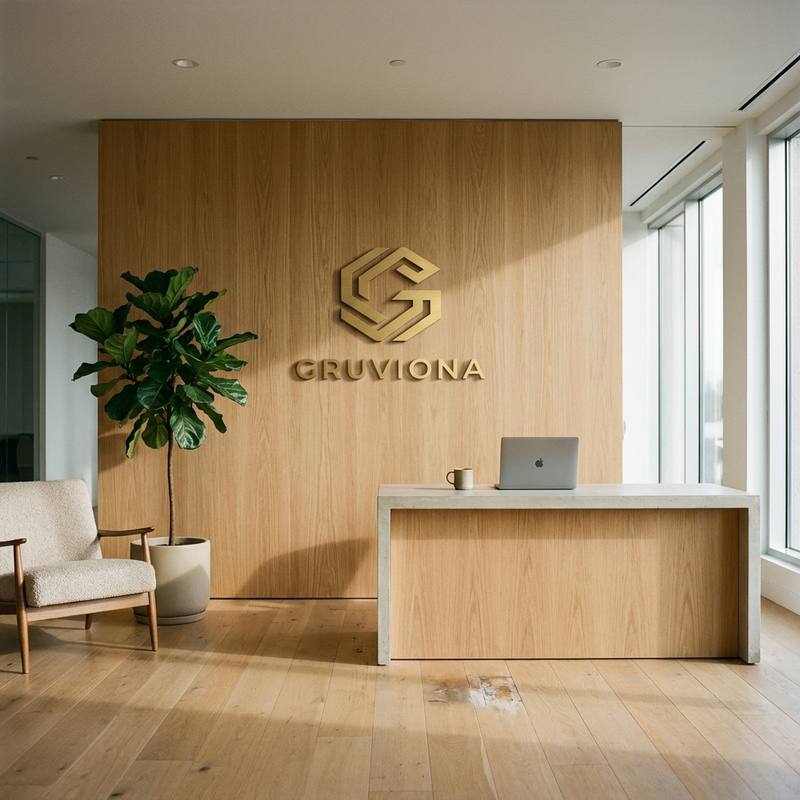 Reception at the Gruviona London office, with the gold Gruviona logo mounted on a light oak wall, a fiddle-leaf fig, an armchair and a concrete reception desk in warm daylight