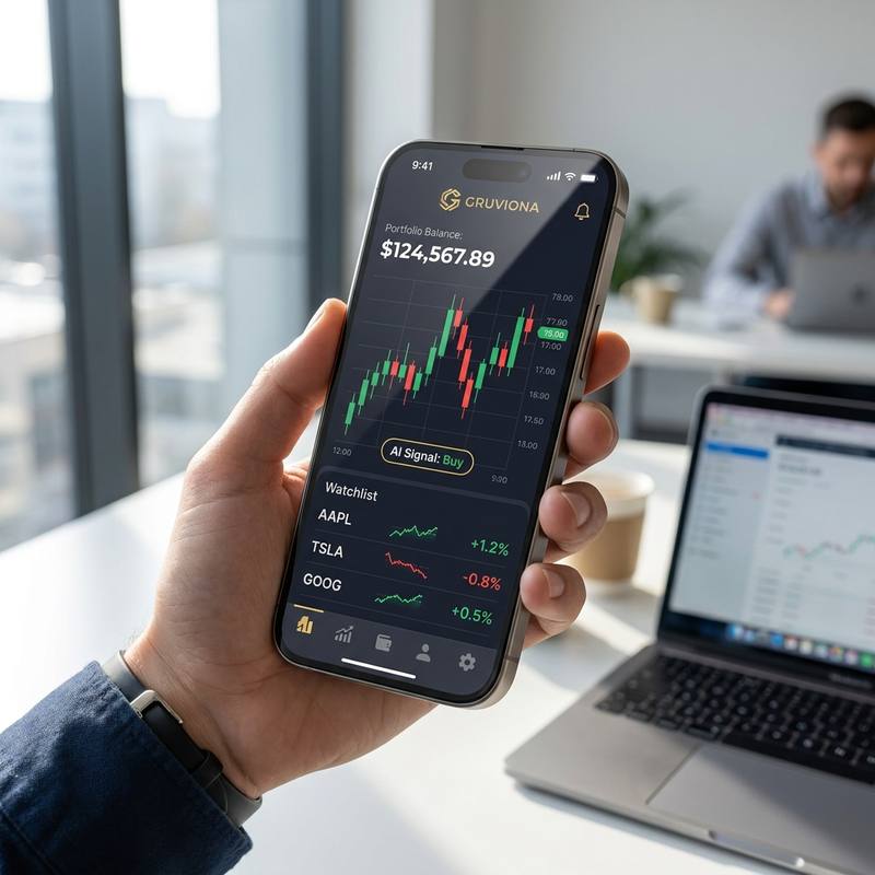 A hand holding a smartphone running the Gruviona app, showing a portfolio balance, a candlestick chart with an AI buy signal and a share watchlist, with a laptop on the desk behind