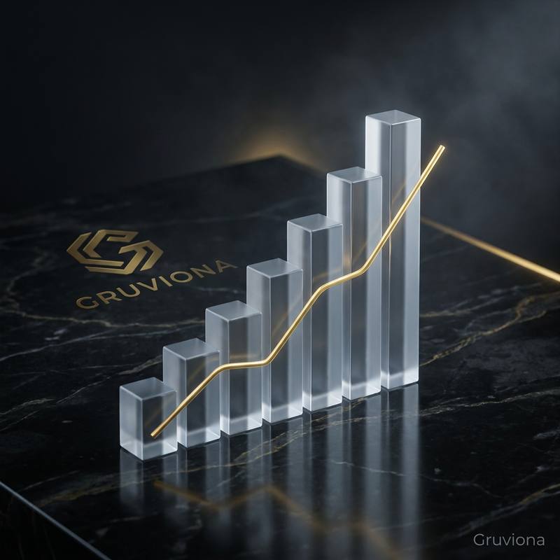 Frosted glass bar columns rising across a black marble surface with a gold trend line climbing through them, the Gruviona logo engraved alongside